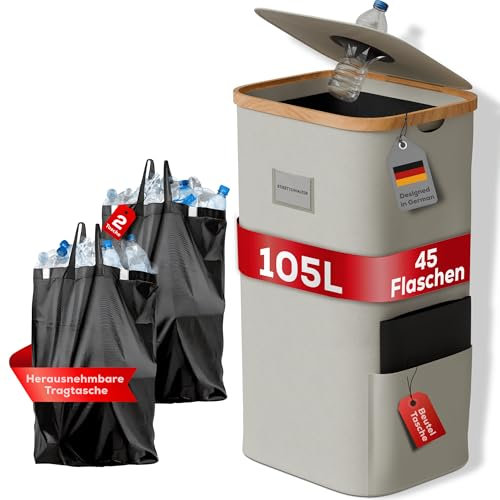 PFANDORA® 105L Pfandflaschen Sammelbehälter – Leergutbehälter für Küche, Haushalt & Garten – Faltbar, Waschbar, mit Etikettenhalter & 2 XXL-Innenbeuteln – Flaschensammler & Mülltrennung.(Beige)