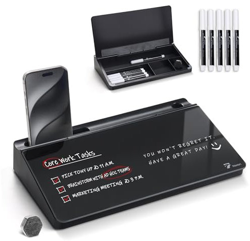 TOWON Small Glass Desktop Whiteboard with Storage – 30 x 17 cm Dry Erase Board for Desk, Home Office, School | Includes 5 Markers, Eraser & Holder | Space-Saving Organizer, Aesthetic Black Design