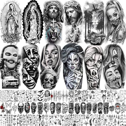 73 Sheets Halloween Chicano Temporary Tattoos For Women Men Adults Cholo Chola, Long Lasting Guadalupe Tattoo Stickers Religion, Chicana Gangster Prisoner Mexico Culture Joker Fake Tattoo Jesus Christ
