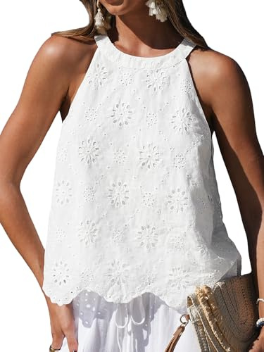 CUPSHE Camicetta da donna in pizzo con scollo all'americana senza maniche ricamato con occhielli top in cotone vestibilità ampia estiva casual spiaggia vacanza camicia, bianco, L