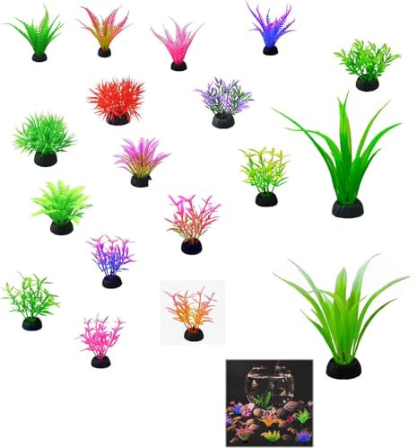 FWORUAIS Fish Tank Accessories Aquarium Plants, 18pcs Colorful Fish Tank Artificial Plants and Cave Rock Decor Set, Fish Tank Plants Plastic Decoration for Aquariums