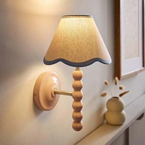 ValueLights | Bobbin Pink Wall Light with Blue Trim Scallop Shade and Bulb | Wall Lights, Home Décor & Improvement Essential | Mains Wired