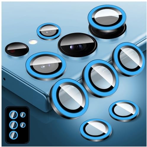 Zeponny Protection Objectif Caméra Compatible avec Samsung Galaxy S23 Ultra, Protection D'écran en Verre Trempé Lumineux et Coloré pour Appareil Photo, Anneaux en Alliage (Bleu