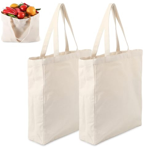 Xyvor 2 st. bomullsväska, stor, 35 x 40 x 10 cm bomullspåse, tygpåse | linne canvasväska, otryckt, återanvändbar bärväska med handtag, för tvätt sport shopping resor