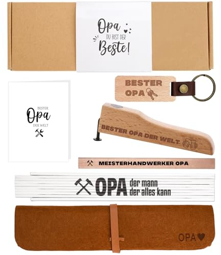 Opa Handwerker Geschenk Set - 2 Meter Zollstock | Flaschenöffner | Zimmermannsbleistift | Schlüsselanhänger | Aufbewahrungstasche für Zollstock, Bester Opa Kreativer Geschenke für Vatertag Geburtstag