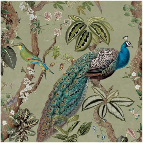 Peacock Woods & Botanical Wallpaper – Sage Green Background with Tropical Leaves, Birds & Floral Detailing – Premium Mural-Style Feature Wall Design for Living Rooms, Bedrooms, Hallways