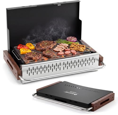 COSTWAY Mini Barbacoa Carbón Mesa Plegable, Parrilla Portátil,(62x43,5 cm) | Metal, Rejilla de Cocción Ajustable en Altura, Orificios de Ventilación, BBQ Camping Picnic Tereaza