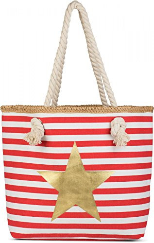 styleBREAKER Gestreifte Strandtasche mit Metallic Stern Print | Damen Shopper mit Kordelhenkeln und Reißverschluss | Badetasche im maritimen Look | 45 x 33 x 15 cm, Farbe:Rot-Weiß/Gold