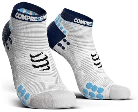 COMPRESSPORT Pro Racing Socks V3.0 Run Low, Calcetines Para Correr Unisex Adulto, Blanco/Azul, T4, 45-48 EU