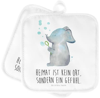 Mr. & Mrs. Panda 2er Set Topflappen Elefant Seifenblasen - Geschenk, Liebesspruch, Topflappen lustig, Tiere, Gute Laune, lustige Sprüche, Topflappen
