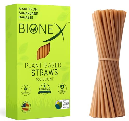 Bionex 8 Sugarcane Drink Straws – Biodegradable, Compostable, Made in USA – 100 ct. Eco Friendly Alternative to Plastic Straw (Pack of 1, 100 Count per Pack)