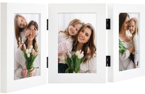 Frametory, Dreifach-Bilderrahmen, aufklappbar, 10,2 x 15,2 cm, 3 Klapprahmen, Desktop-Glasrahmen, vertikal, Weiß, 10,2 x 15,2 cm