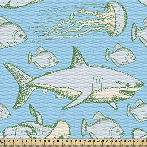 ABAKUHAUS Hai Gewebe als Meterware, Vintage Meerestiere, Dicht Gewebter Stoff zum Nähen Polster Wohnaccessoires, 3M (148x300cm),Hellblau grau Grün