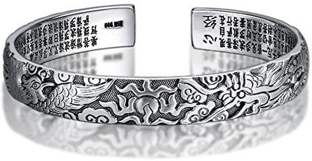 Beydodo Herren Armband Sterling Silber 999 Drachen Phoenix Cuff Armband mit Buddhistische Sutra 60 MM