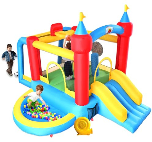 WELLFUNTIME Casa inflable de rebote con tobogán, castillo de salto con soplador y piscina de olas, borde de baloncesto, portería de fútbol