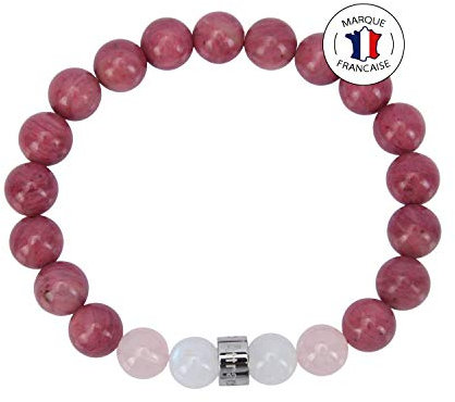 Attraction Zen Bracelet Harmonie, Joie De Vivre et Amour - Pierres Naturelles de 8mm - Pierres de Lune du Sri Lanka/Quartz Rose de Madagascar/Rhodochrosite d'Afrique du Sud- Fait Main