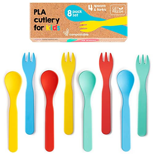 GET FRESH PLA Kids Löffel und Gabeln Set – 8er Pack Melamin Frei Utensilien für Kinder Kleinkinder – Wiederverwendbares Kinderbesteck Set – PLA Kids Essgeschirr Löffel und Gabeln