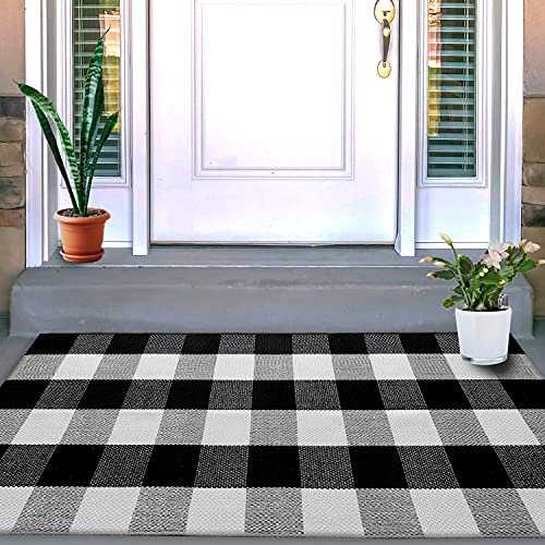 VUDECO Buffalo Plaid Rug 23.5 x 52” Black and White Kitchen Rug Check Front Door Mat Indoor & Outdoor Laundry Sitting Room Porch Entryway Layering Mats Checkered Layered Door Mat Outdoor