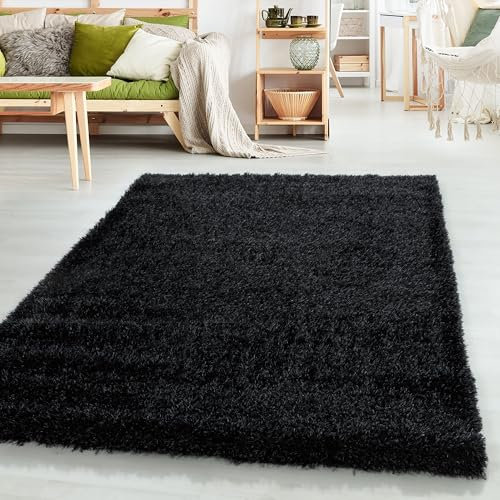 HomebyHome Shaggy Teppich Läufer Flur 80x150 cm - 50 mm Florhöhe Hochflor Wohnzimmerteppich Schwarz Extra Weich und Flauschig - Bettvorleger Teppiche für Schlafzimmer - Waschbarer Küchenläufer