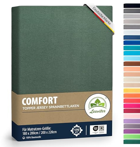 leevitex Premium Topper Boxspringbett Spannbettlaken | 100% Mako-Jersey-Baumwolle | ÖKO-TEX | 170g/m² | 180 x 200-200 x 220 | Dunkelgrün | 18 cm Steg