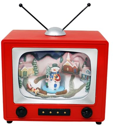 MOMENTS IN TIME Caja de música de TV Retro Vintage roja con Tren Animado, decoración de Mesa de Navidad con Luces LED, música de Navidad y animación, Funciona con Pilas (no Incluidas)