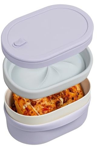 SWANZ Ceramic Bento Box - Leak Proof Food Storage and Meal Prep Container for Adults, Microwave and Oven Safe Lunch Bowl with Silicone Sleeve and Compartment, Dishwasher Safe, BPA-Free (Lilac, 22 Oz)