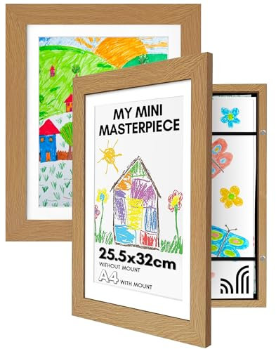Americanflat A4 Kids Artwork Display Frame in Dark Oak - Use as 25.5x32 cm Kids Art Frame without Mount - Front Opening Childrens Artwork Display Holds 100 Pieces - Set of 2