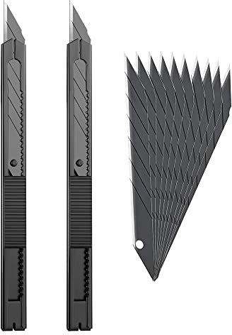 Gebildet Lot de 2 Couteaux Utilitaires Verrouillables Rétractables avec Lame à 30 Degrés Verrouillable avec 10 Lames Tranchantes Noires Supplémentaires pour Bureau, Maison, Travaux Manuels, Loisirs