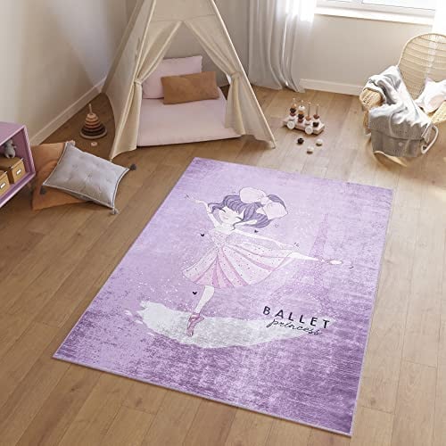 TAPISO Emma Kinderteppich Lila Ballerina Antirutsch 140 x 200 cm | Waschbar bei 30 Grad bedruckter Kinderteppich Kinderzimmer Jugendzimmer Modern OEKO-TEX