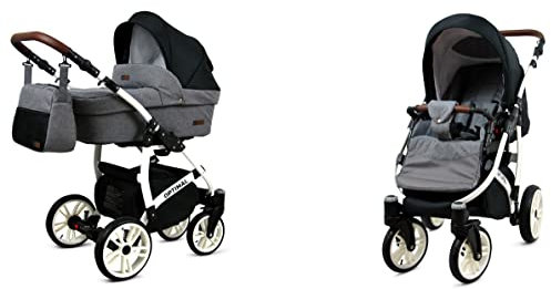 BabyLux Optimal 2-in-1 Baby Kinderwagen Tief und Kinderwagen mit Zubehör Verstellbar und faltbar Aluminium Konstruktion Wasserdicht Nicht abnehmbare Räder Grey Flex White Frame