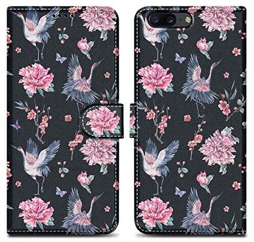 Cadorabo Hülle kompatibel mit OnePlus 5 - Design Kranich & Blumen No. 9 - Schutzhülle mit Magnetverschluss, Standfunktion und Kartenfach