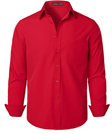PARKLEES Men's Regular Fit Dress Shirt Solid Wrinkle-Free Long Sleeve Casual Business Button Up Shirts with Pocket PZSSCL05-Flame Red L