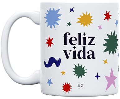 UO Taza de regalo con mensaje Feliz vida, regalo para amigas, regalo para amigos, regalo original de Navidad, regalo amigo invisible original, 350 ml, Cerámica