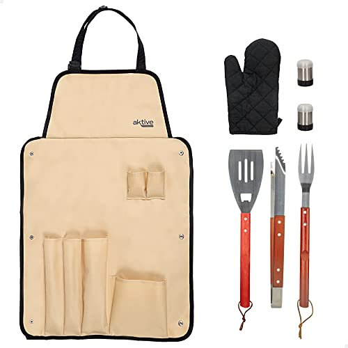 AKTIVE 63010 - Ensemble d'Accessoires pour Barbecue 7 Pièces, Pinces à Barbecue, Spatule, Fourchette à Découper, Tablier, Gant et Salière, Ensemble d'Ustensiles pour Barbecue, Outils pour Gril