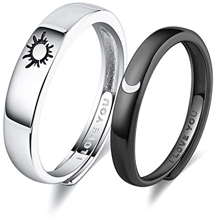 Beydodo Verlobungsringe Paar Silber 925 mit Gravur I Love You, Ringe Set Sonne Mond Partnerringe für Sie und Ihn Verstellbar Schwarz Silber
