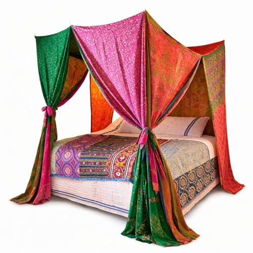 KLAVATE Betthimmel Vorhänge Boho Vorhänge Bohemian Decor Indische Seide Sari Sari Bohemian Hochzeit Hintergrund (Queen)
