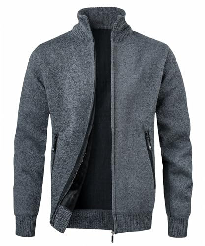 MeiLayM Herren Strickjacke Stehkragen Reißverschluß Pullover Weiches Plüschfutter Warm Sweatjacke Langarm Cardigan Feinstrick Herbst Winterjacke Grau,L