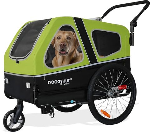 Doggyhut S-Line XL Hundeanhänger & Hundebuggy mit Federung 2 in 1 Hunde Fahrradanhänger Jogger gefedert bis 45 kg (Grün/Schwarz)