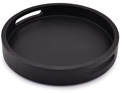EDHAS Acacia Wood Round BLACK Serving Tray With Cutout Handle |Home Restaurants Coffee, Food, Breakfast, Dinner Décor (30.48cm x 30.48cm x 4.06cm)