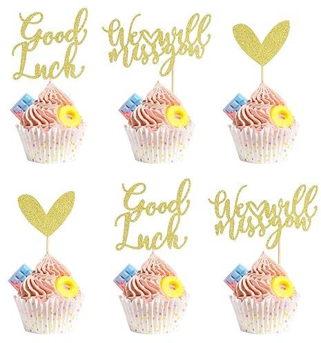 Arthsdite 24Pcs We Will Miss You Cupcake Toppers Glitter Red Love Heart Good Luck Cupcake Picks Retirement Theme Going Away Party Cake Decorations - Gold Glitter