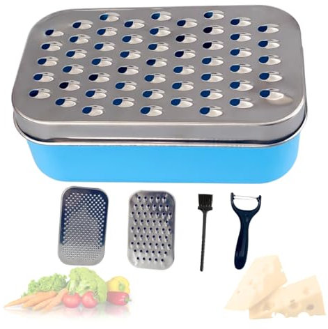 JagKul Cheese Grater Set with Container, 2 Stainless Steel Cutters, Lid, Peeler & Cleaning Brush - Kitchen Vegetables Chopper Set (Blue)