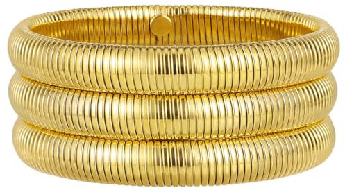 Emibele Armband-Set 3 Stück, 18 Karat vergoldetes Rostfreier Stahl Armband Stapelbares Stretch-Armband Elastisches Schlangenketten-Armband, Einfaches Modisches Stapelarmband für Frauen Teenager, Gold