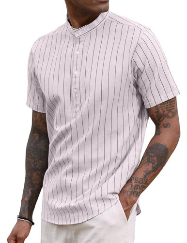 Camicie da uomo in lino a maniche corte in cotone e lino, camicia a righe con collo Henley, vestibilità regolare, casual, estive, da spiaggia, rosa, L