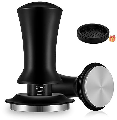 zhongko Kaffee Tamper 53mm, Selbstnivellierender Espresso Tamper, Federbelasteter Kaffeestampfer mit Edelstahl Base, Aluminiumgriff und Ständer, Barista Kaffeezubehör, Schwarz, SCDE-ZK-KFYFQ53MM-TR