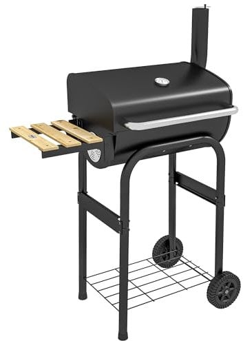 Outsunny Charcoal Barbecue Grill with Shelves, Portable BBQ Trolley Smoker with Wheels, Lid, Thermometer, Chimney for Outdoor Garden Party Cooking, Black