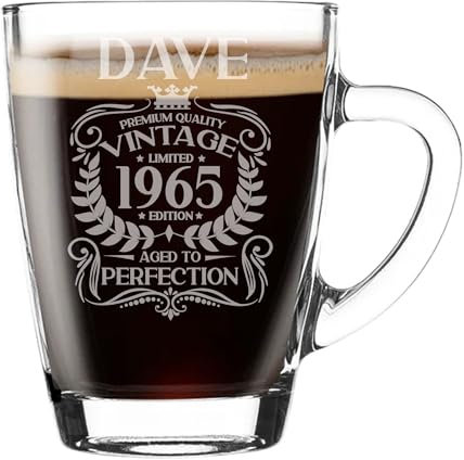 Personalised Birthday Gift for Men Any Age Vintage Aged to Perfection Engraved Glass Mug Gift for Coffee Lovers Tea Cup Present 300ml Coffee Mug Funny Novelty Mug Gift For Men or Women