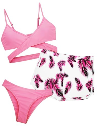 Happy Cherry Bikini Fille Ensemble 3 Pièces Maillots de Bain Filles Tankini Bikini Ensemble Haut + Slip + Short de Bain 8-9 Ans