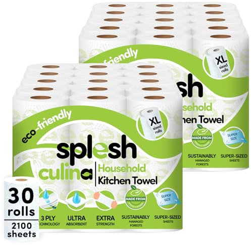 Splesh Culina Kitchen Towel - 30 XL Rolls (2100 Sheets) 3 Ply Ultra Absorbent & Extra Strong, Large Eco-Friendly Household Kitchen Rolls - 70 Super Sized Triple Layered Sheets Per Roll