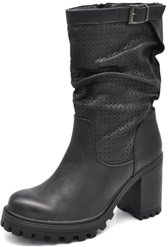 IF FASHION Stivaletti Strivali Tronchetti Aricciati Con Tacco Grosso Plateau Pelle Sintetica Da Donna G675 nero N.38