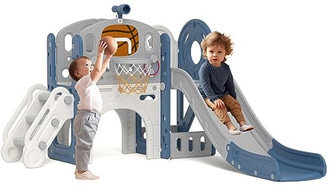 XJD Kinderrutsche für 1-3 Jahre Outdoor & Indoor,Babyrutsche 5 in 1 mit Basketballkorb,Freistehende Rutsche,Stauraum,Kletterleiter und Spielteleskope,Kinder Spielplatz Gartenrutsche (X01-bluegrey)